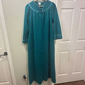 Vtg Adonna Long Robe Womens Medium Teal Blue Quilted Yoke Satin Trim Pockets USA